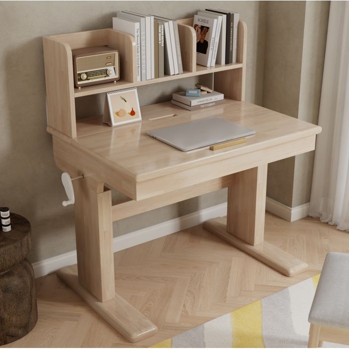 Bureau enfant en bois naturel 92 x 60 x 89 cm hauteur réglable par manivelle plateau inclinable rangements intégrés