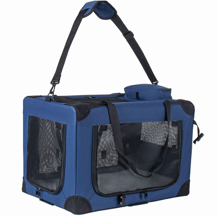 Caisse de transport pliable pour chien 60 cm avec roues 3 portes et fenêtres en maille bleu foncé