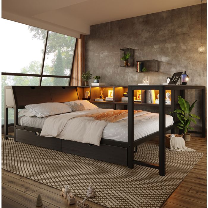 Lit multifonction 140x200 cm AESVAR avec bureau intégré LED tête de lit avec rangement noir