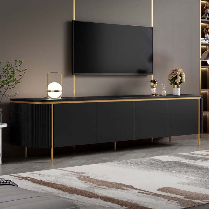 Meuble TV moderne design aux angles arrondis meuble bas à six portes 180×38×46 cm pieds métalliques idéal pour le salon noir