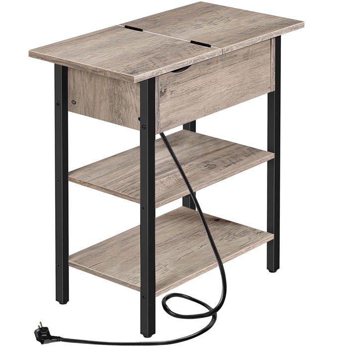 Table dAppoint Bout de Canapé Rabattable avec Multiprise et Étagères de Rangement Table de Chevet Fine pour Peti TABLE DAPPOINT