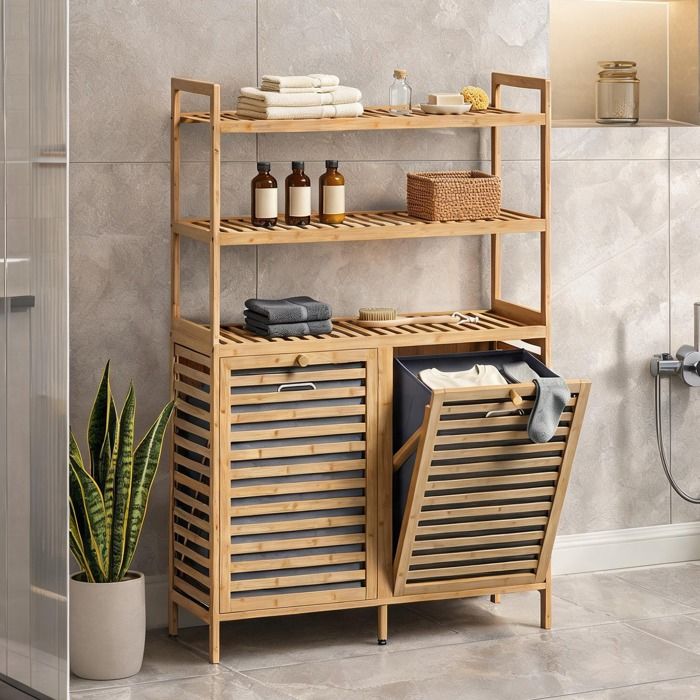 Meuble range-linge de salle de bain en bambu 3 étagères et 2 paniers inclinables de 38 7 L 80 x 30 x 118 cm