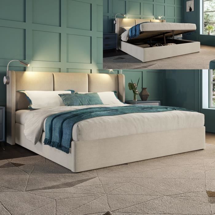 Lit coffre 160x200 cm - avec sommier à lattes - lampes de lecture et ports USB - tissu en lin - beige