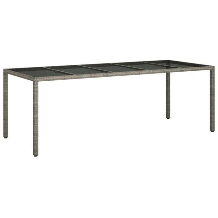 Table de jardin - Gris - 250x100x75 cm - Verre trempé et poly rotin