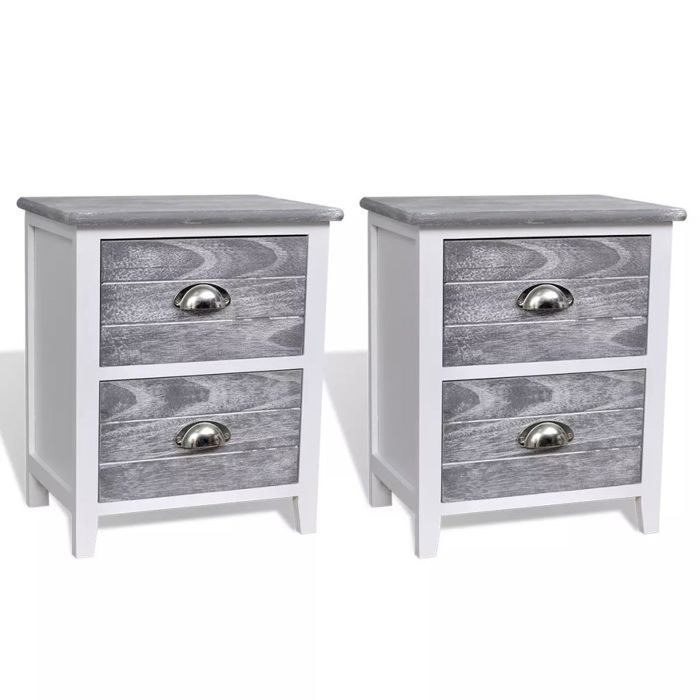 Table de nuit chevet commode armoire meuble chambre 2 pcs avec 2 tiroirs gris et Table de nuit chevet commode armoire meuble chambre 2 pcs avec 2 tiroirs gris et