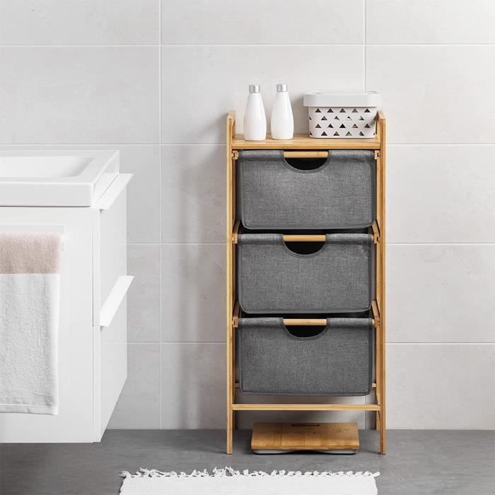 HSTURYZ Panier à Linge en Bambou, Corbeille à Linge avec 3 Paniers Amovibles, Étagère en bambou pour Salle de Bain Buanderie