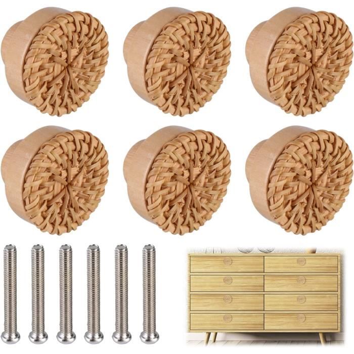 8 Poignées De Tiroir En Rotin Bohème - Diamètre 40 Mm, Hauteur 30 Mm - Boutons En Bois Et Rotin Tissé à La Main - Déco Rustique Pour Commode, Armoire - 3
