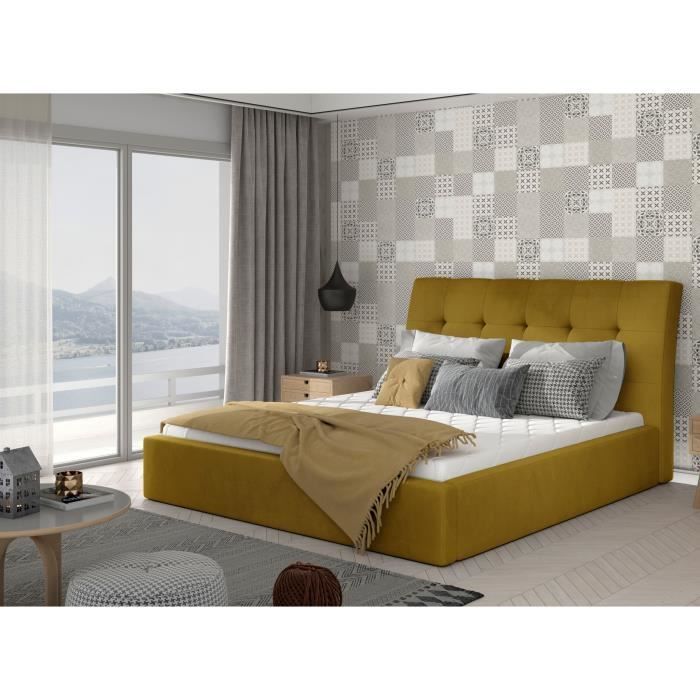 Lit adulte capitonné 140x200 cm avec sommier à lattes en bois et tête
