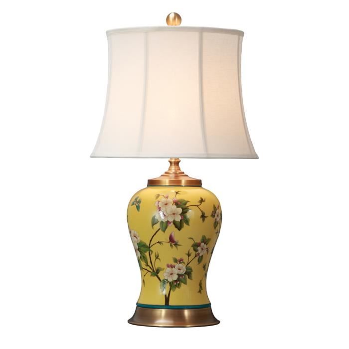 Lampe à Poser - Fine Asianliving - Porcelaine Chinoise - Fleurs Jaunes - Abat-jour en Lin - 40W
