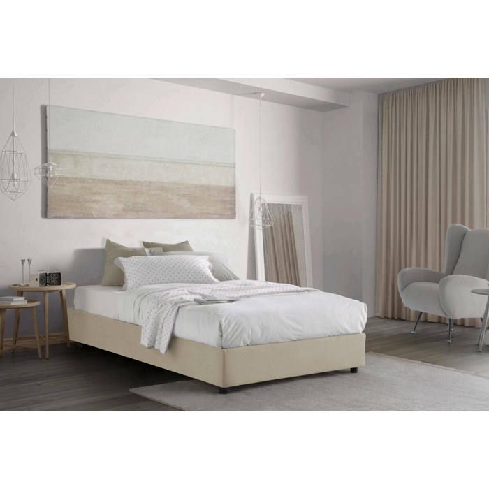 Dmora - Lit queen size Camilla 205x135h32 cm beige Panneau effet bois et Polyester