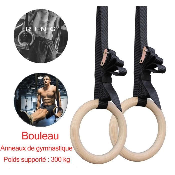 Anneaux de Gymnastique en Bois de Bouleau avec Sangles Réglables de 4,5m Boucles en Métal Diamètre 28 mm pour Pull Up, Musculation