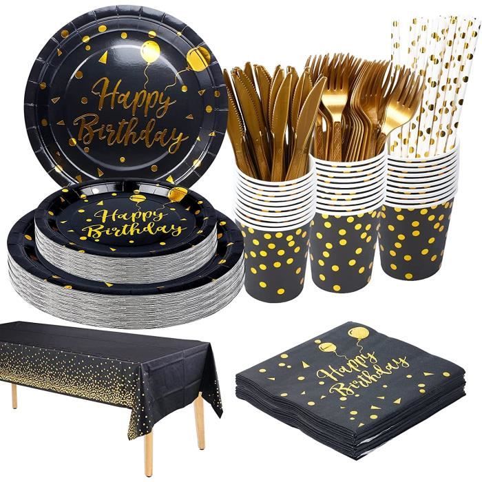 Assiettes à dessert Fournitures d/'anniversaire Assiettes noires Vaisselle en papier pour anniversaire 75 pièces dorées et noires 10 invités gobelets et pailles Noir avec feuille d/'or