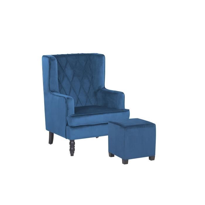 fauteuil bergère en velours bleu - beliani - sandset - style classique - avec repose-pieds - bois massif