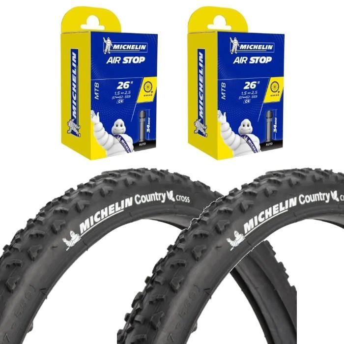 2x Pneu vélo VTT Michelin Country Cross 26 x 1.95 (47-559) noir avec chambre à air C4 Schrader AIRSTOP