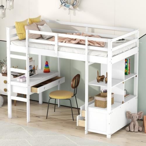 lit mezzanine enfant 90 x 200cm avec tiroirs de rangement et bureau sous lit blanc