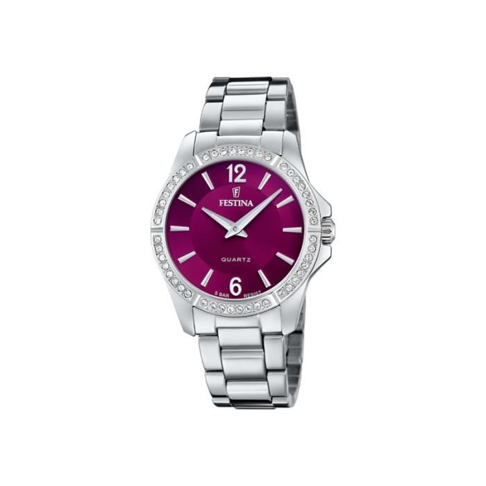 Montre Femme - FESTINA - F20593/2 - Acier - Étanche 10 Atm - Cadran Bordeaux avec Strass