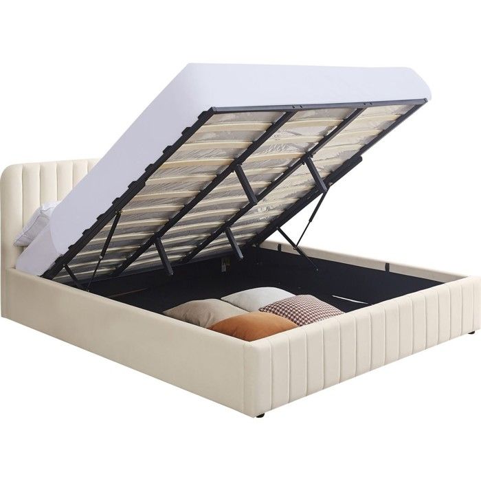 Lit coffre adulte 180x200 cm avec tête de lit capitonnée en velours beige - Ava Lit coffre adulte 180x200 cm avec tête de lit capitonnée en velours beige - Ava