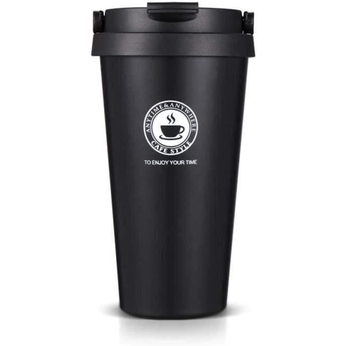 Tasse à café avec poignée isotherme en acier inoxydable réutilisable Tasse à café Tasse à eau avec cuillère et couvercle pour voyage de bureau (le noir