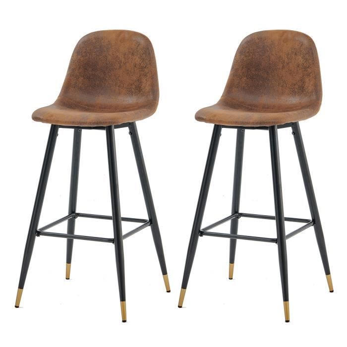 MEUBLES COSY Lot de 2 Chaises de Bar Hautes - Siège en Tissu en Daim Marron Pieds en Métal Noir et Doré