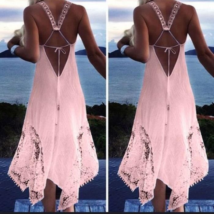 Sexy Robe d ete Femme en Mousseline de Soie sans Manche Bretelles Spaghetti Dos Nu Dentelle Dress Rose Rose Cdiscount Pret a Porter