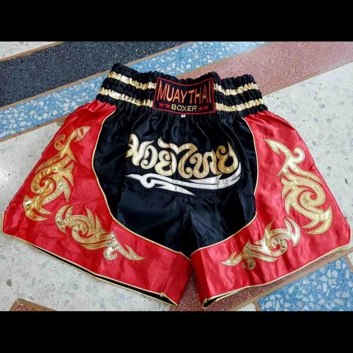 Short Traditionnel THAI Boxe Kickboxing Special Muay Thai MMA | Noir et  Rouge | Tailles Enfants et Adultes | Thailande