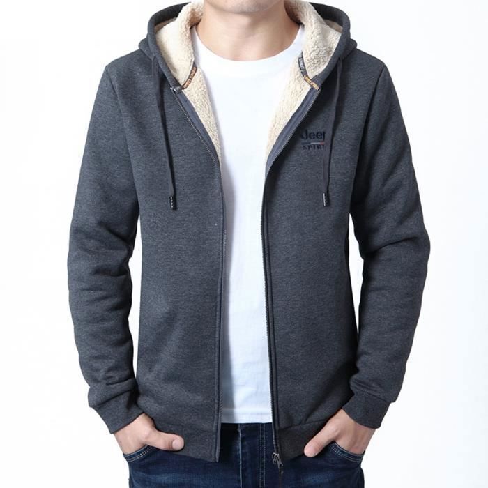 Homme Sweat À Capuche Zippé Doublé De Polaire Couleur Unie Gris