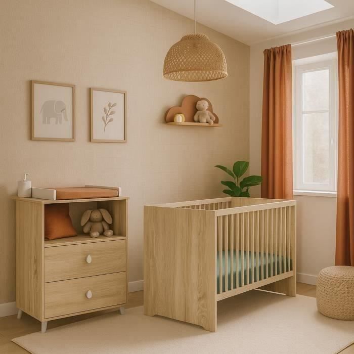 Chambre bébé duo MONTANA Lit 120x60 + Commode à langer 2 tiroirs décor chêne doré SAUTHON