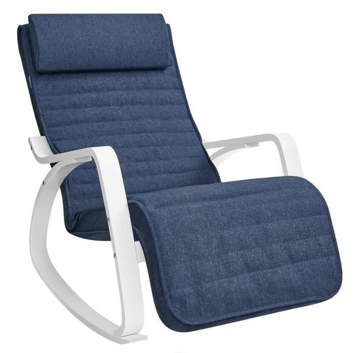 fauteuil à bascule - songmics - repose-pieds réglable - bois de bouleau - capacité 150 kg - bleu minuit et blanc