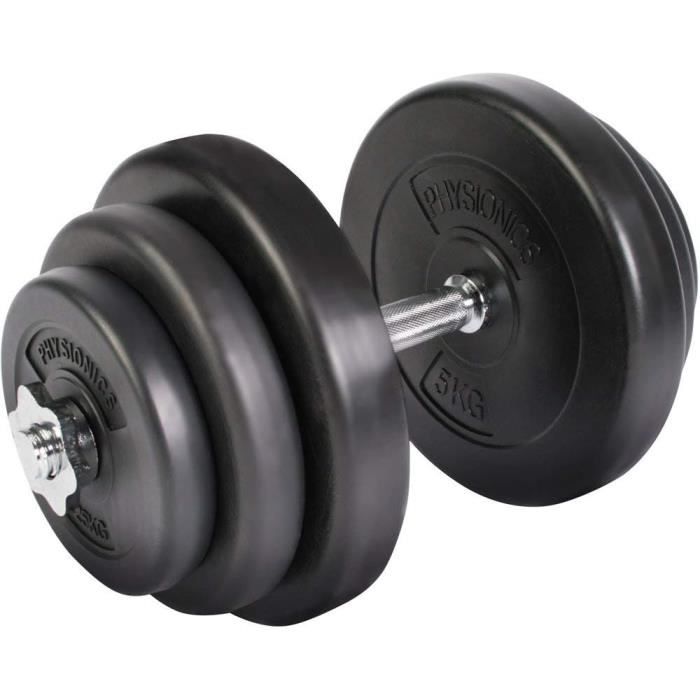 Set Haltères Complet Physionics 45-125 Kg – Barre Longue 165 Cm, Barre EZ, 2 Barres Courtes + Disques 31 Mm Antidérapants