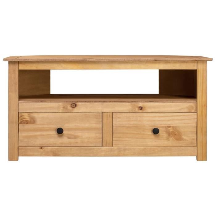 Meuble TV dangle en pin massif - TBEST - 93x55x49 cm - 2 tiroirs - Couleur naturelle du bois