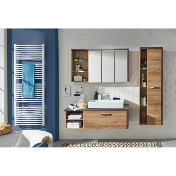 BAY Salle de bain complète : Armoire+colonne+meuble avec vasque+miroirs - Mélaminé chêne et béton - 