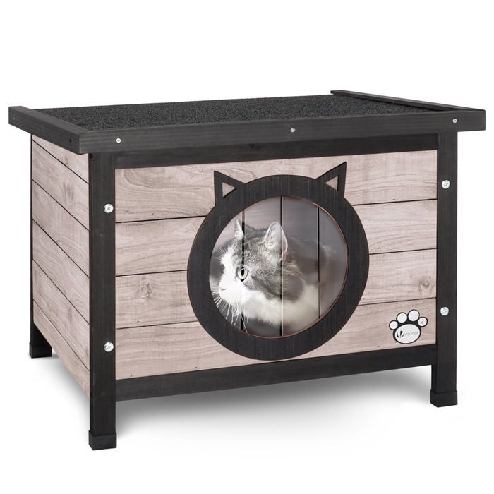 VOUNOT® Maison pour chat niche en bois gris - Toit bitumé autoportant et amovible - Porte à lamelles VOUNOT® Maison pour chat niche en bois gris - Toit bitumé autoportant et amovible - Porte à lamelles