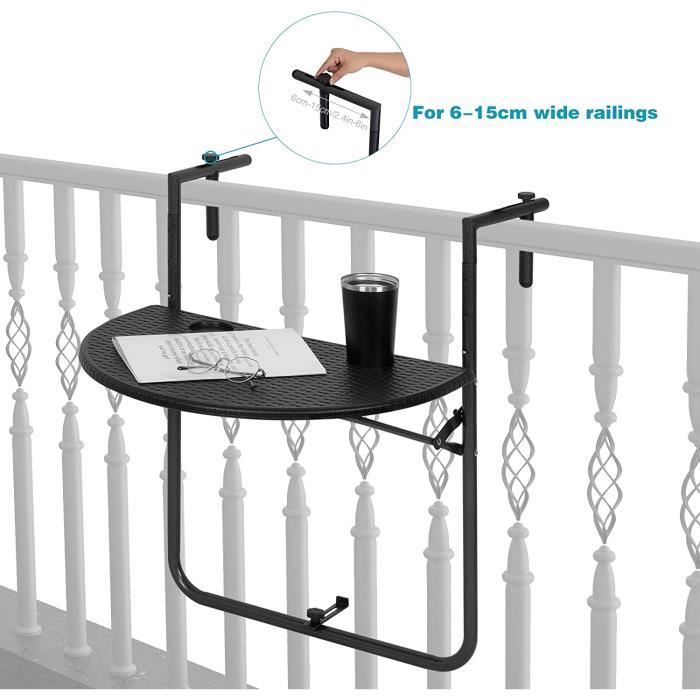 table de balcon suspendue - woltu - petite table murale rabattable en aspect rotin - 3 hauteurs réglables - noir