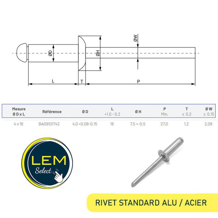 Lot de 500 - Rivet pop aveugle tête plate aluminium/acier 4x16 mm ...