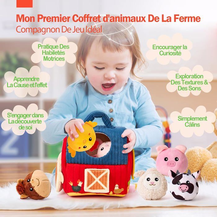 Jouet Ferme En Peluche Montessori – 7 Animaux, Grange, Hochets, Miroir – Dès 6 Mois
