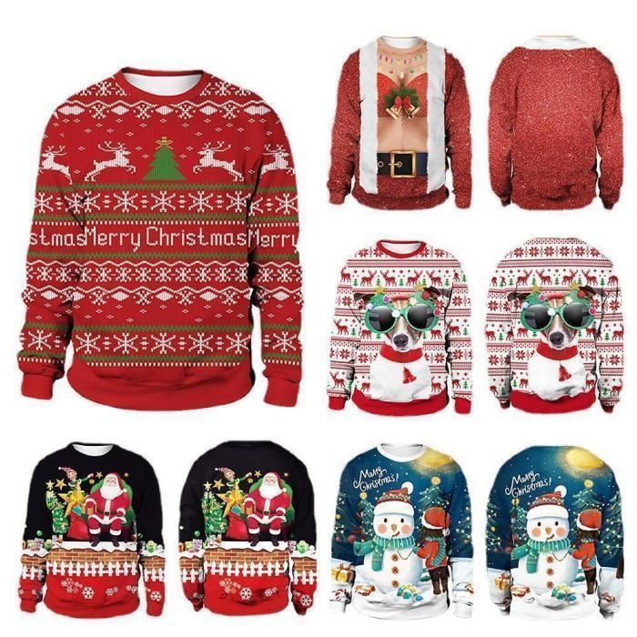 Pull De Noël Homme à Motifs - Père Noël, Rennes, Flocons - Col Rond Manches Longues - Chaud Et Décontracté