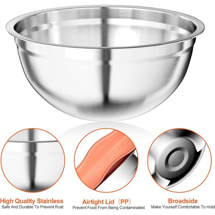Lot De 5 Bols Mélangeurs Inox Avec Couvercles - Relaxdays, Idéal Conservation Et Préparation