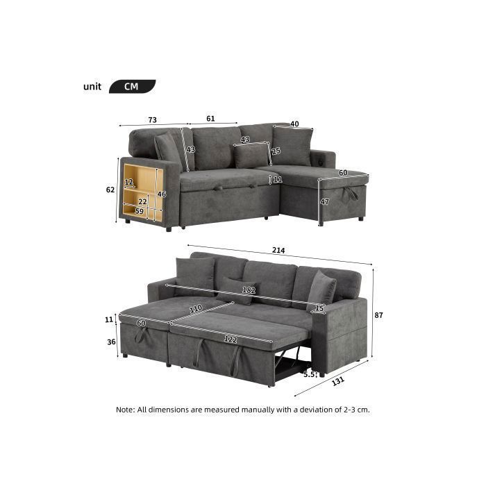 Canapé d'angle 4 places 214x131x87cm avec coffre de rangement, port USB ...