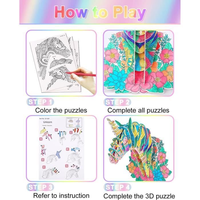 Puzzle 3D Bricolage Kits Puzzle à Colorier Créatifs avec 10 Stylos de  Couleur Enfant Cadeau Fille 6 7 8 9 10 Ans Anniversaire Noël - Cdiscount  Jeux - Jouets