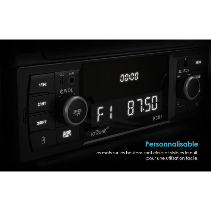 RDS Autoradio Bluetooth 5.0, ieGeek 1 DIN Poste Radio Voiture, Bouton  Lumineux 7 Couleurs, 60W X 4 S - Équipement auto