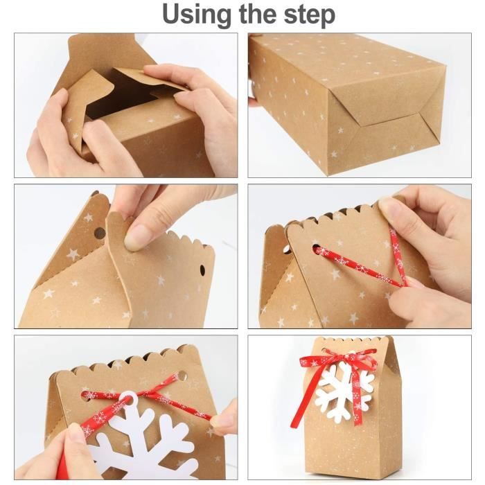 GWHOLE Lot De 12 Sacs Cadeaux Noël Papier Kraft - 26x21x10 Cm - Emballage Festif Avec Poignées