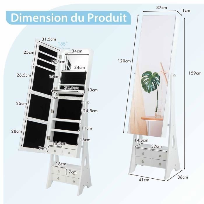 InnovaGoods - Armoire à Bijoux Sur Pied Avec Miroir, LED 16 Lumières, Design Élégant En Bois, Multifonction Avec Grande Capacité, 4 Niveaux D'Inclinaison, Blanc, Standard, Plastique