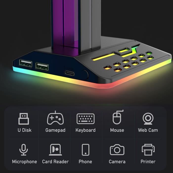Support Casque Gamer RGB, Support pour Casque avec 10 RVB LED Modes  d'éclairage, avec 2 USB Charge Ports - Cdiscount TV Son Photo
