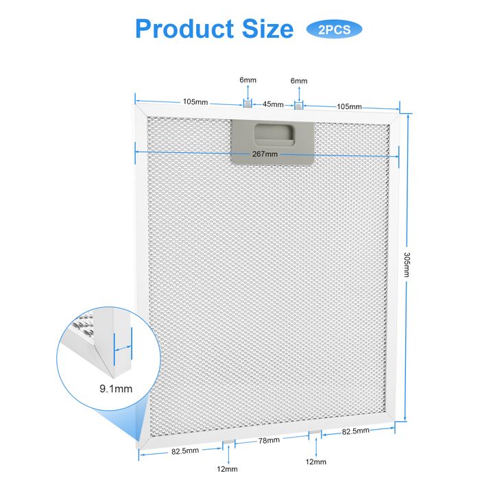 Lot de 2 filtres à graisse en métal pour hotte aspirante de cuisine, 305 x 267 x 9 mm