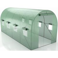 Serre de Jardin - PE armé - 9m2 - Vert - Tunnel avec fenêtres latérales et porte zipée