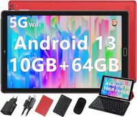 GOODTEL Tablette tactile 10 Pouces, 10Go+ 64Go stockage, Android 13, 5GWIFI, TYPE-C, 8 coeur, 6000mAh batterie, 8 accessoires-Rouge
