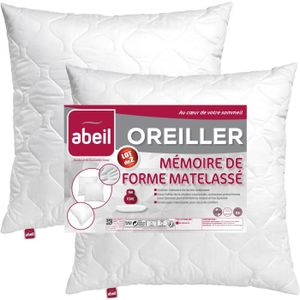 OREILLER ABEIL Lot de 2 Oreillers à mémoire de forme matelassés- 60x60 cm - Blanc