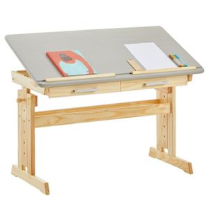 BUREAU  Bureau enfant écolier junior OLIVIA table à dessin réglable en hauteur et pupitre inclinable, 2 tiroirs en pin massif naturel/gris