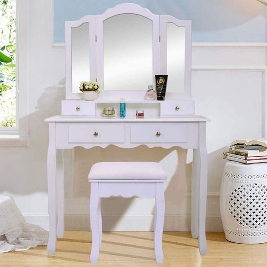 Coiffeuse Avec Tabouret Aver - Style Shabby Chic Blanc - Bois Massif - Palazzo INT