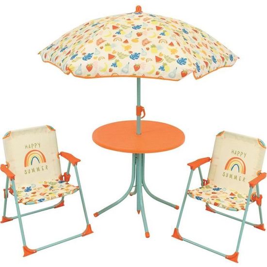 Salon Jardin Enfant JO Paris 2024 FUN HOUSE - Table Et 2 Chaises Pliantes + Parasol - Décoration Sportive